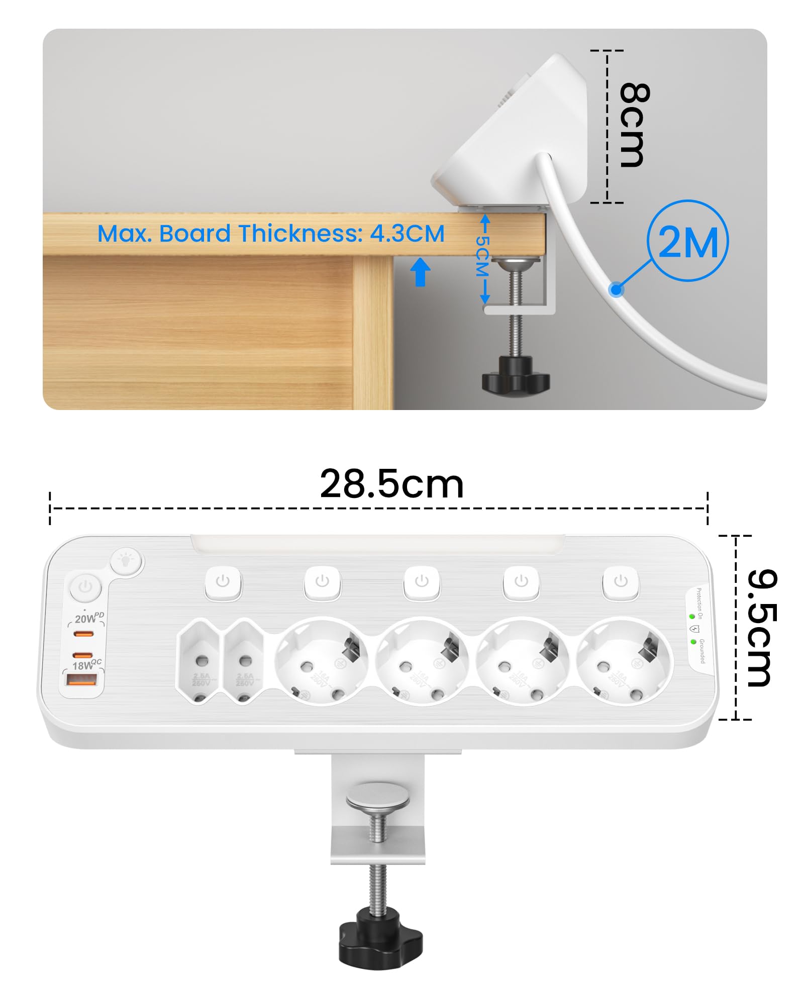 Ciabatta Multipresa da Scrivania,Multipresa Schuko Protezione Sovratensione | Presa Multipla Salvaspazio 6 Presa,Presa da Tavolo con USB C,Angolare Ciabatta Elettrica con Interruttore,Cavo 2 M,Bianco