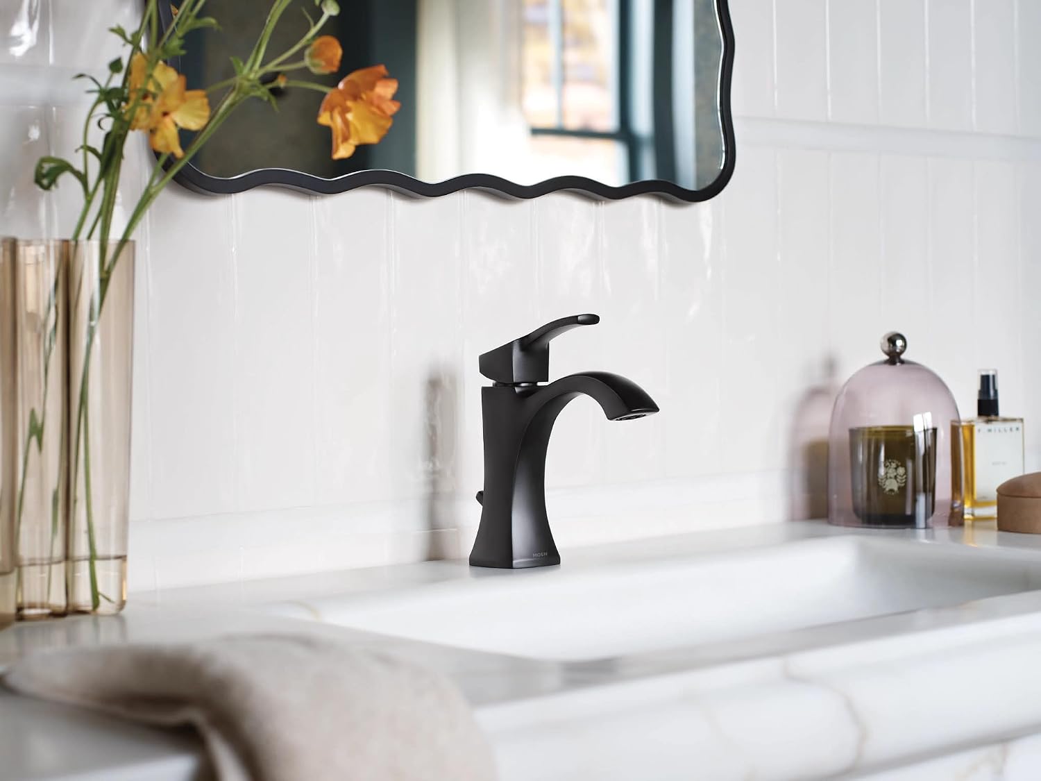 Moen Voss Matte Black One Handle Single Hole Bathroom Sink Faucet with Optional Deckplate, 6903BL