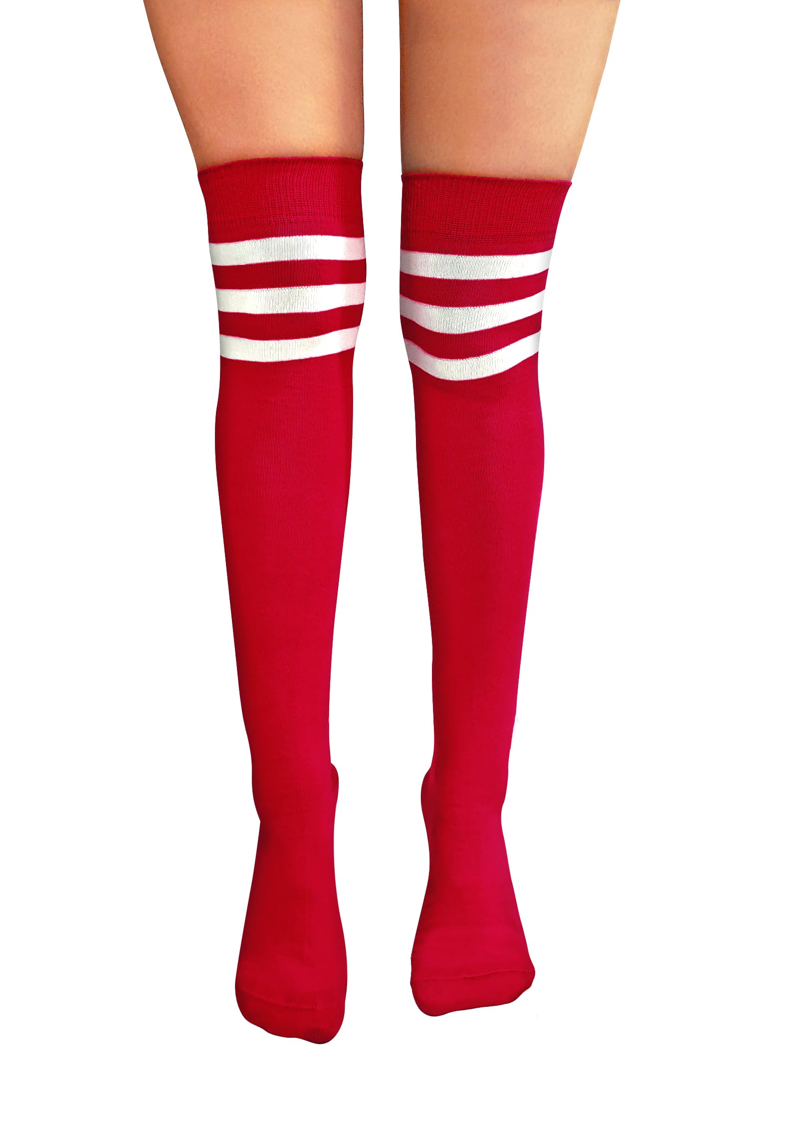 NuJake Over The Knee Cotton & Elastane Socks Cheerleader Referee Style Fancy Dress & Cosplay For Foot Sizes 4-5.5 (Red With White)