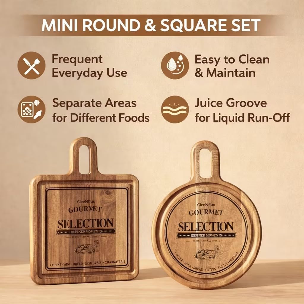Mini Charcuterie Board Set with Handle, 2-Piece Small Acacia Wood Serving Tray & Wooden Cutting Board for Cheese, Fruit, Appetizers & Entertaining Gift