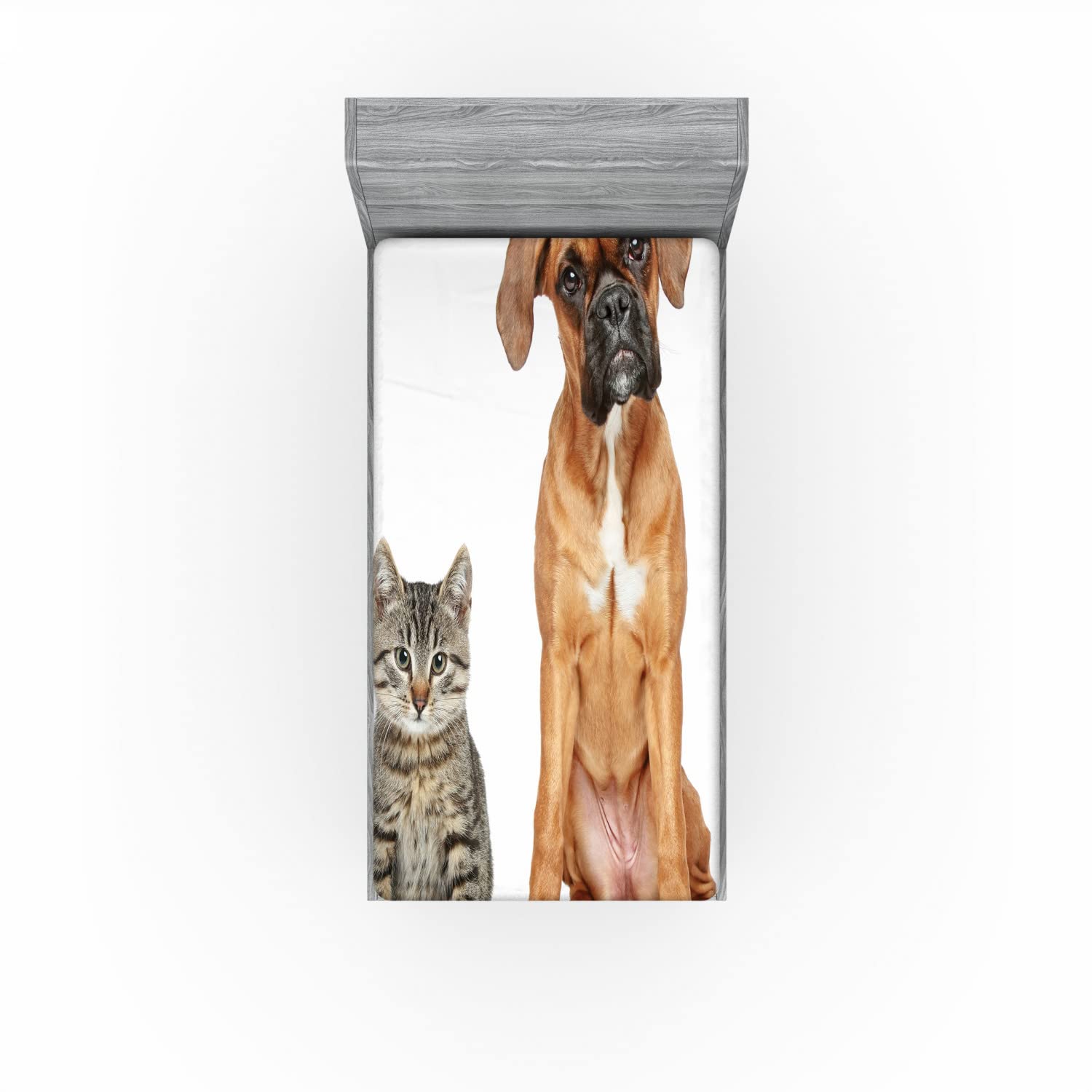 Ambesonne Boxer Dog 2 Pack Fitted Sheet, Cat Dog Animal Friends, Bed Cover All-Round Elastic Deep Pockets 2 Pieces, Package Contains 2 Twin Size Fitted Sheets, Beige Brown