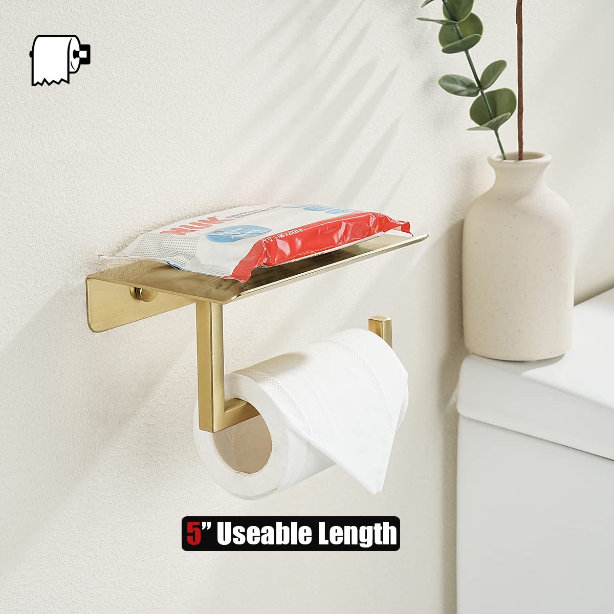 JQK Toilet Paper Holder Shelf, Bathroom Tissue Roll Holder with Phone Shelf - Image 3