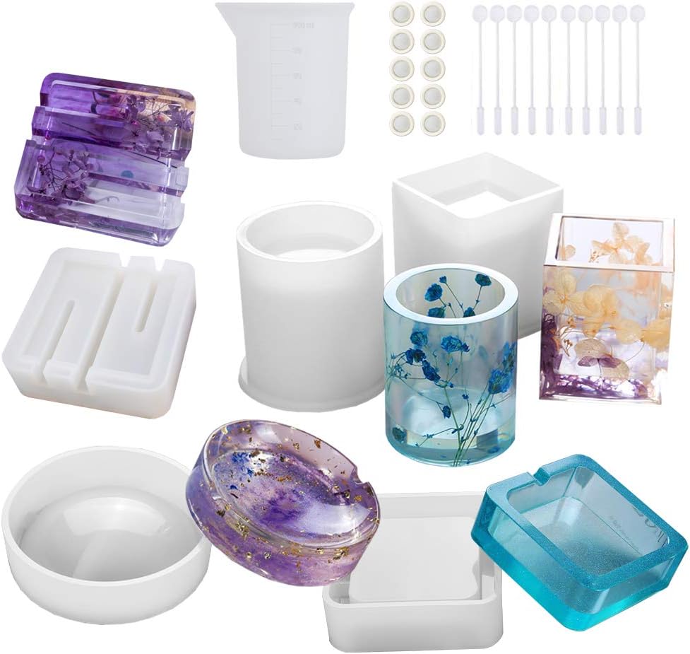 Resin Silicone Mold,5 Pack Large Art Resin Molds Include Square,Round,Cylinder,Mixing Cup and Stir Sticks,Silicone Molds for Concrete,DIY Coaster/Flower Pot/Ashtray/Pen/Candle Soap Holder