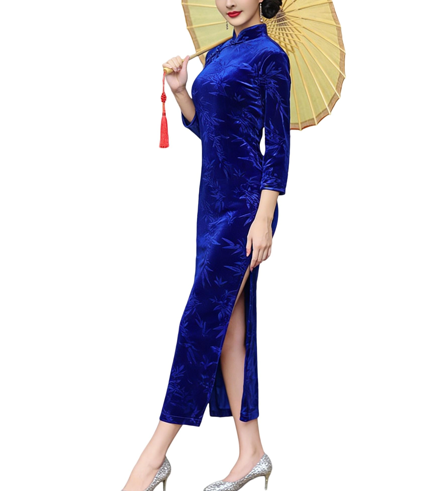 Generico Abito Lungo da Donna in Velluto Aderente con Colletto alla Coreana vestibilità Aderente Moderno Qipao Cinese con Stampa A Foglie di bambù Maniche A 3/4 e Spacco Laterale
