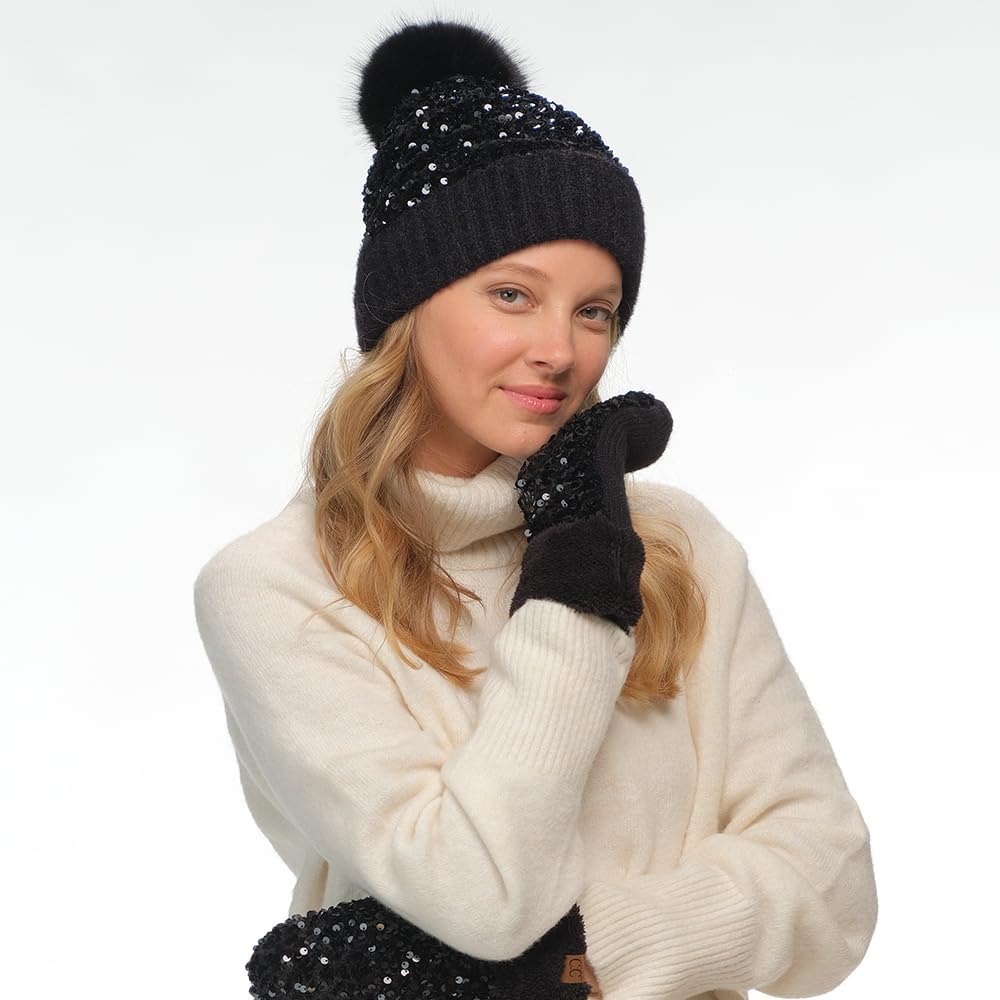 C.C Sequin Pom Beanie for Women - Acrylic Stretchable Soft Warm Knit Winter Skully Hat with Yarn Pom - Image 7