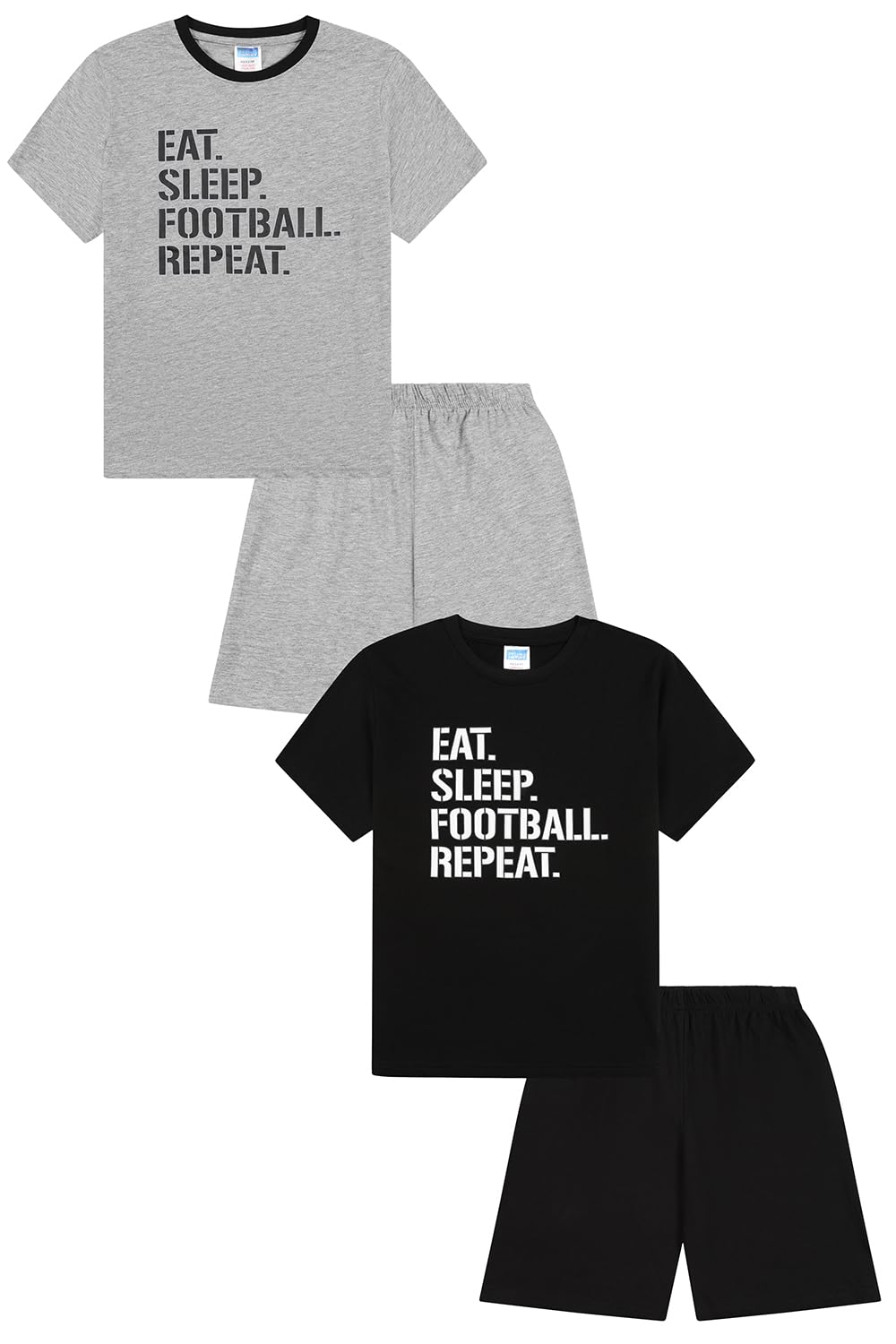 ThePyjamaFactory Eat Sleep Football Repeat - Pigiama corto per bambini, colore: nero e grigio, confezione da 2