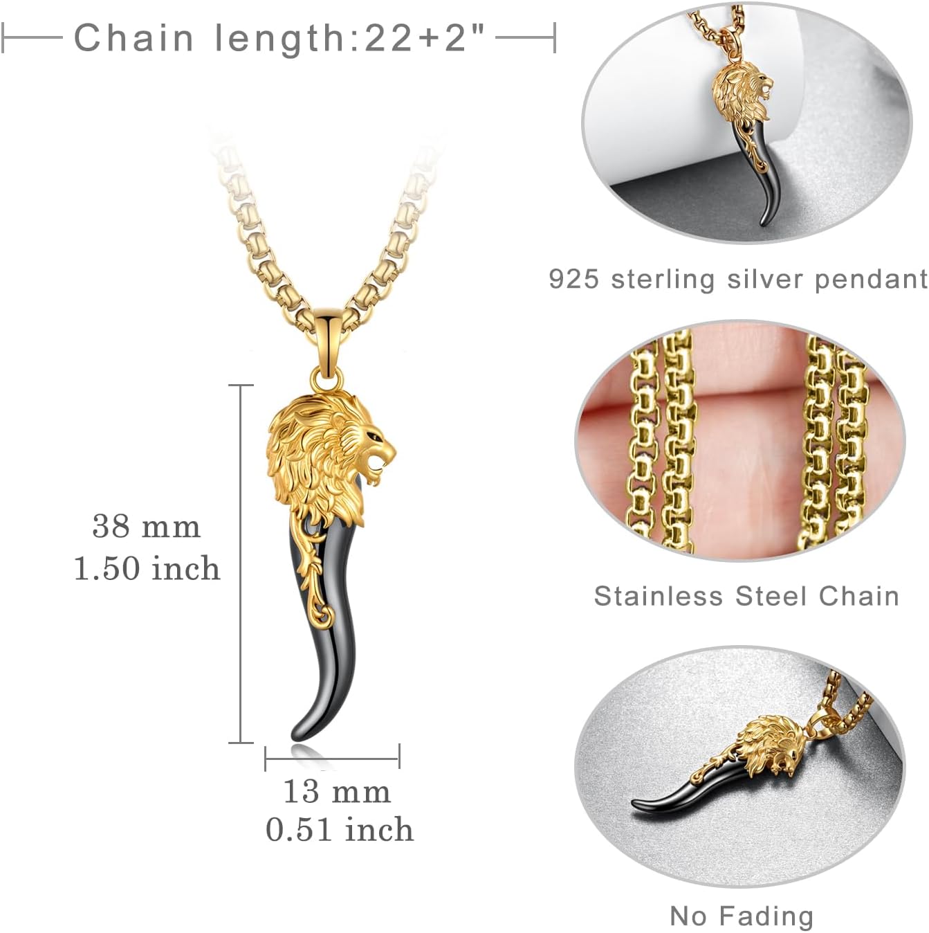 Italian Horn Necklace 925 Sterling Silver Gold Horn Lion Necklace Italian Jewelry Gifts for Men Women - Image 4