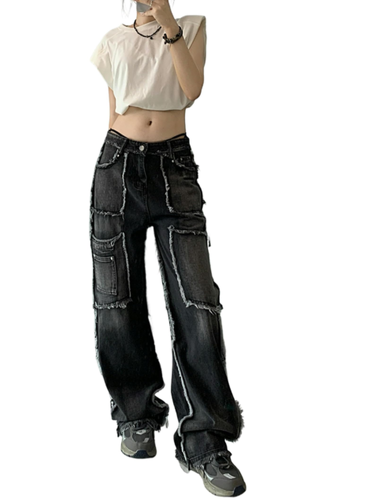 Pantaloni Cargo retrò per Donna Autunno Nuovi Pantaloni Jeans Casual a Vita Alta per Donna Moda Coreana Pantaloni Neri Jeans Donna-Nero Grigio-M