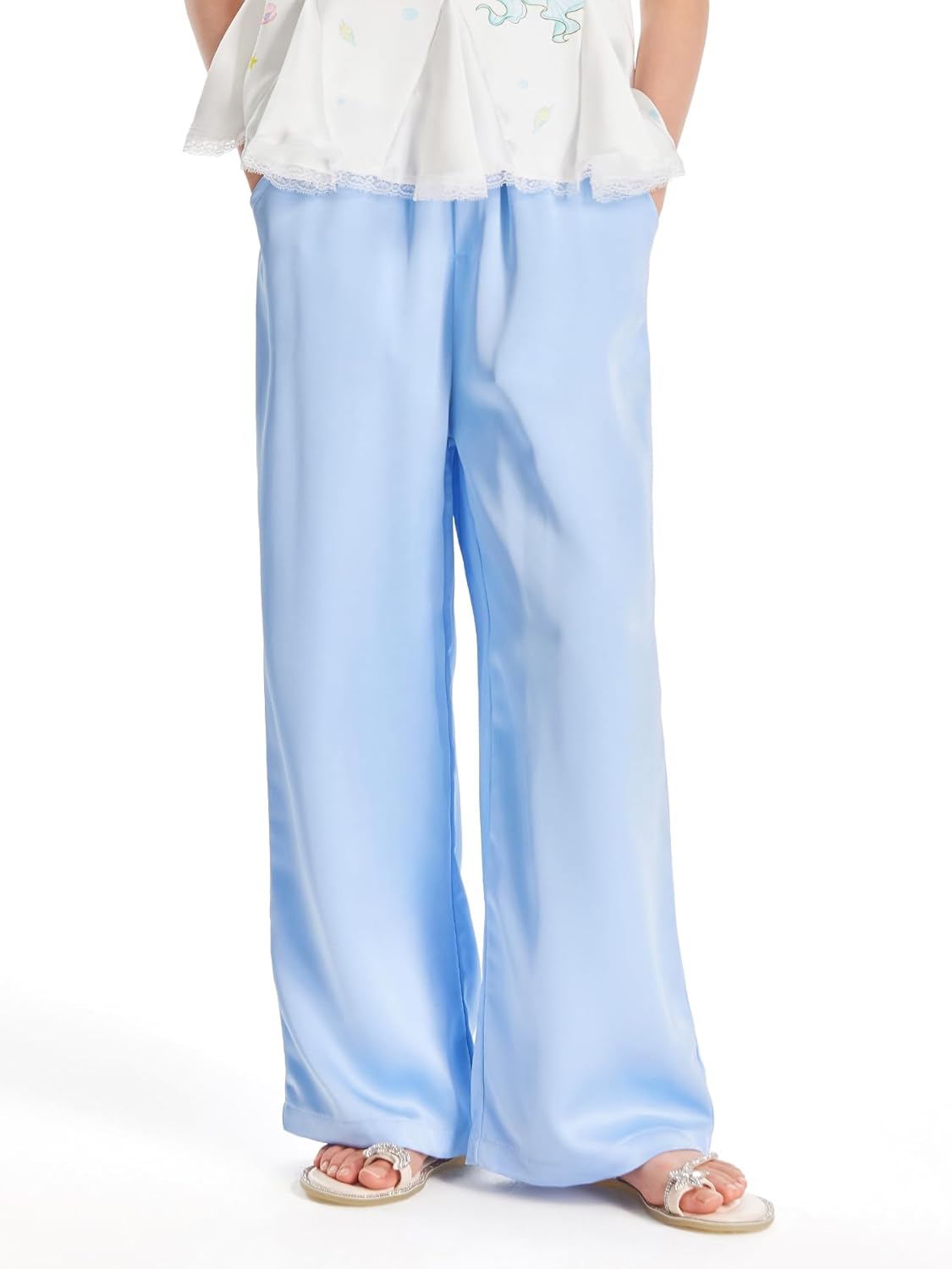 Girls Blue Wide Leg Pants Silky Satin Flowy Palazzo Cooling Loose Pants for Girls Beach Vacation Slacks for 6-16Y