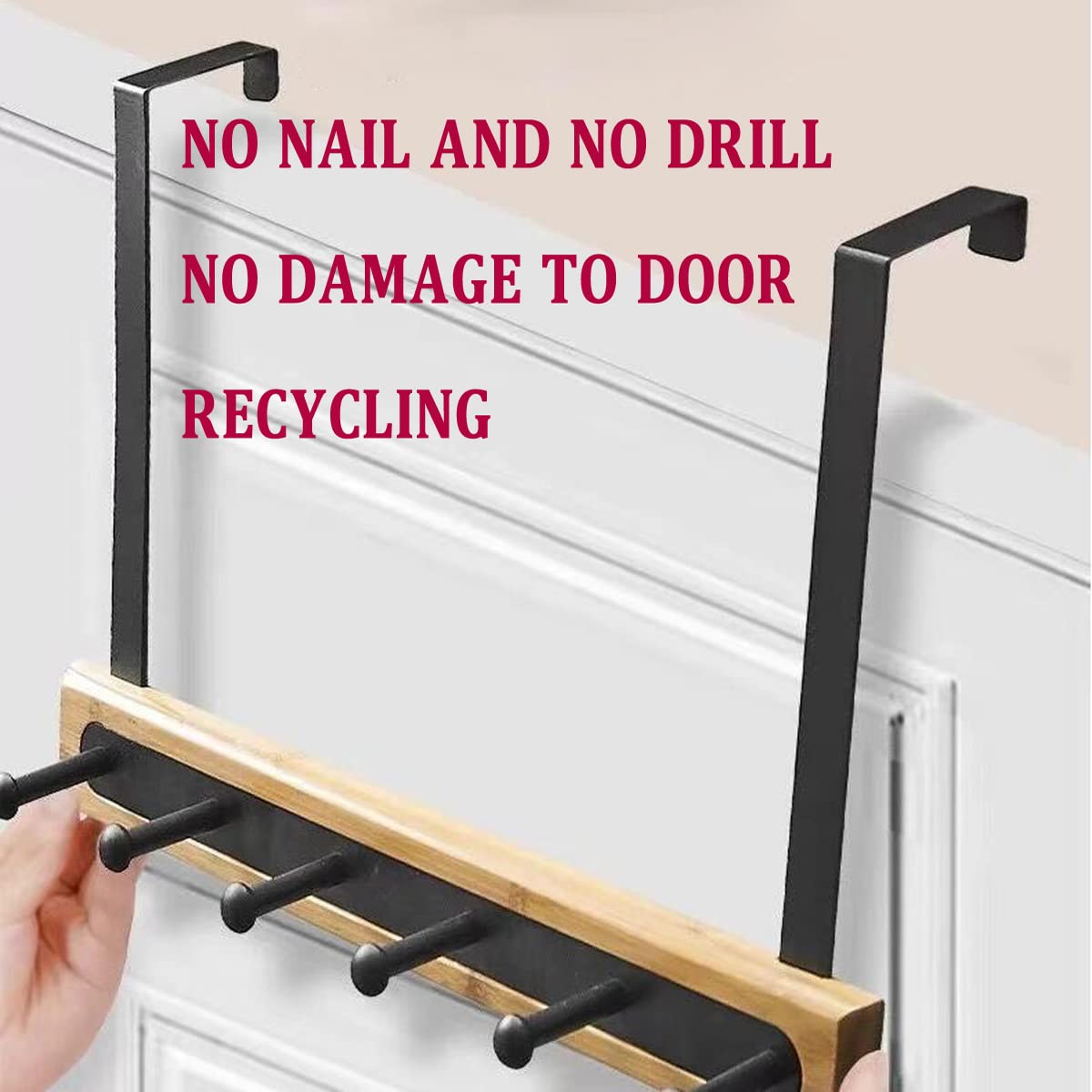 LANMOU Over Door Hanger 40cm (15.7") Over Door Hooks with 6 Hooks Heavy Duty Coat Hook Bamboo Wooden Doors Organizer Rack for Hanging Clothes Keys - Image 2