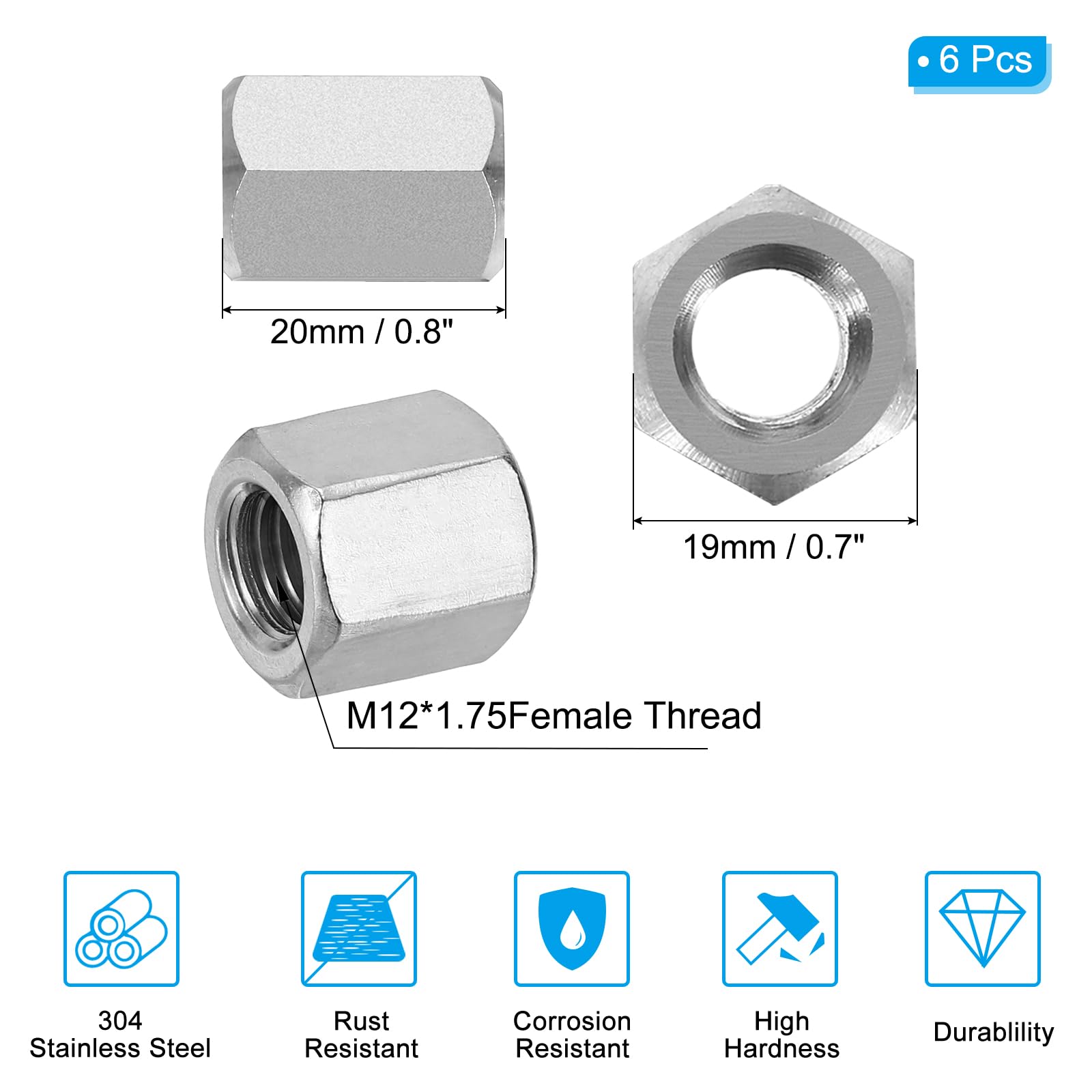 PATIKIL M12 x 1.75-Pitch 304 Stainless Steel Hex Coupling Nuts - Image 2