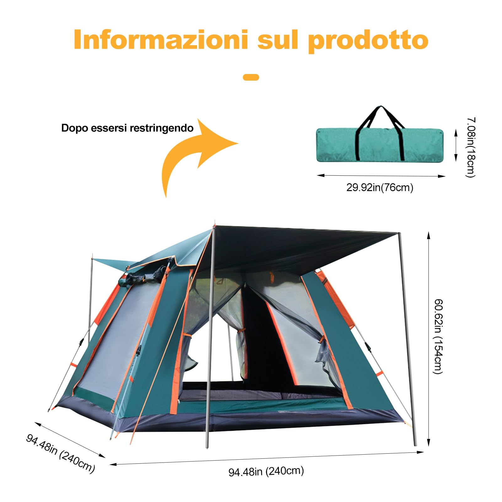 Ergocar Tenda Campeggio Pop Up 3-4 Persone Ultra-Leggero Tenda Impermeabile Antivento a Cupola Leggera con Veranda per Campeggio Escursioni Arrampicata