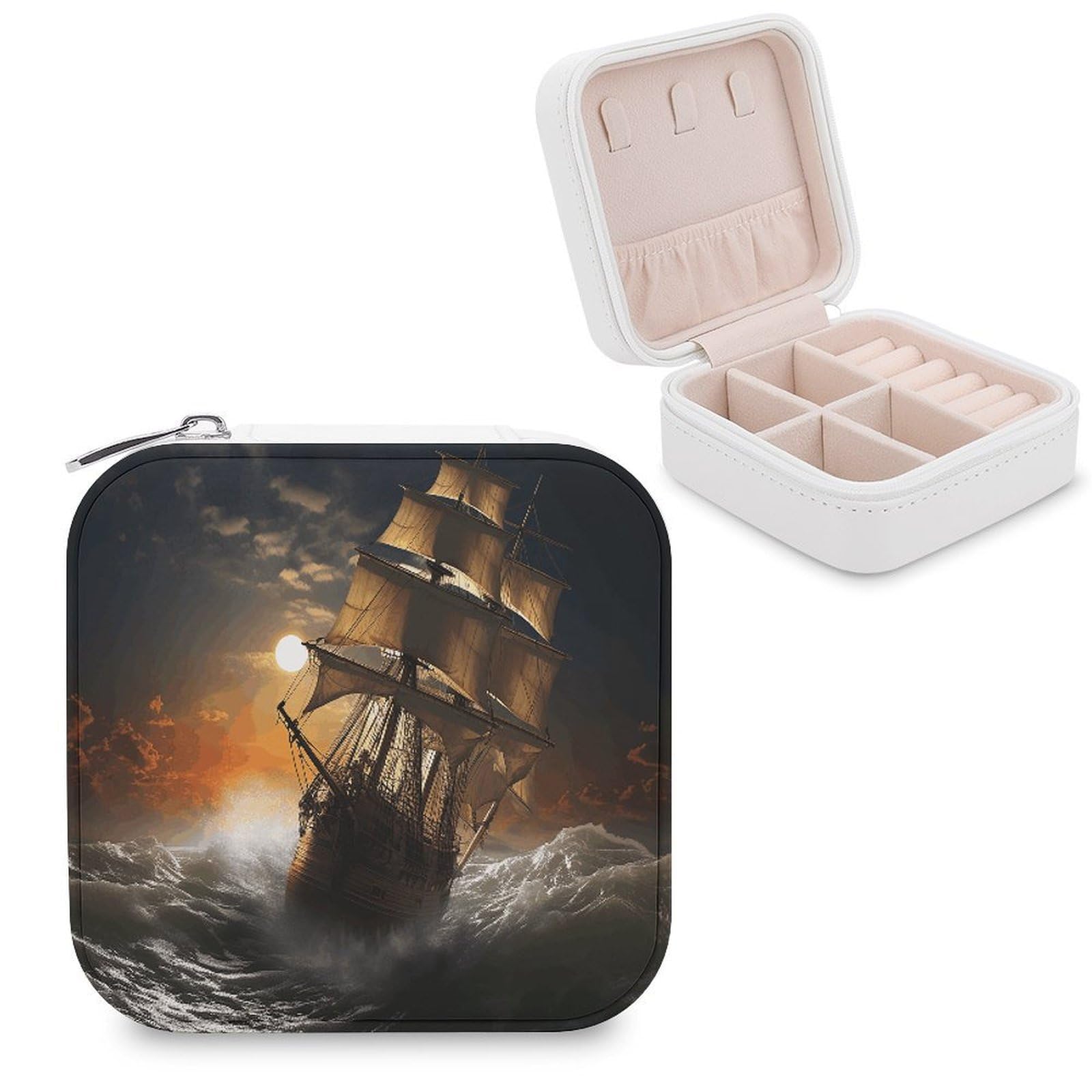 VstaDank Sailing Ship in Storm Travel Jewelry Case Zipper Portable Small Jewelry Box Custom Pu Leather Mini Traveling Jewelry Organizer for Rings Earrings Necklace Bracelet Girls Women
