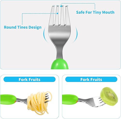 Miniatura 3 de Lehoo Castle Tenedor y cuchara para niños, 6 utensilios para niños pequeños, juego de cuchara de tenedor de acero inoxidable de seguridad, juego de