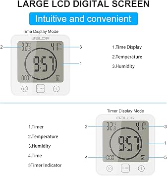 ZONJIE Bathroom Clock - Waterproof Shower Clock for Bathroom Digital Shower Timer Bathroom Clock with Suction Cup Temperature and Humidity Display Touch Shower Wall Clock (White)
