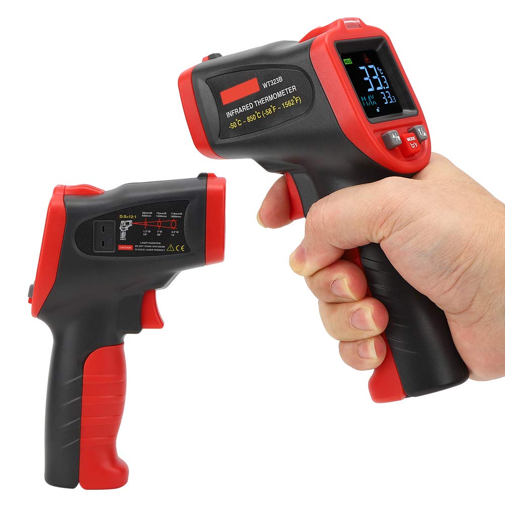 ViaGasaFamido Termómetro Infrarrojo ABS Probador de Temperatura Portátil 58F a 1562F LCD en Color Respuesta de 0,5 S Emisividad Ajustable para HVAC Auto Cocina Uso Industrial