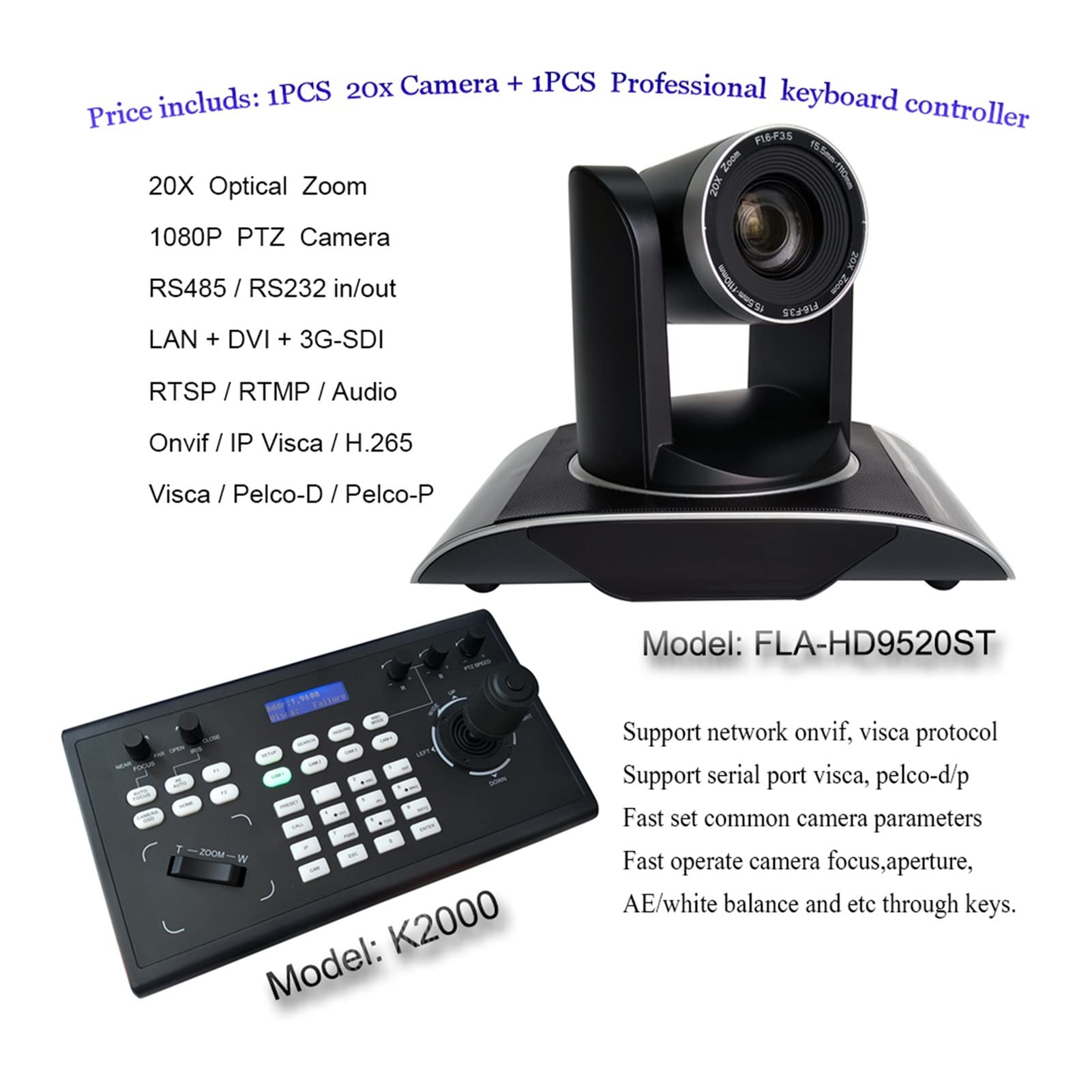 Webcam Controlador de teclado con joystick 3D y videoconferencia 60 fps HD-SDI DVI IP Iglesia Oficina Cámara de entrenamiento 20x Zoom