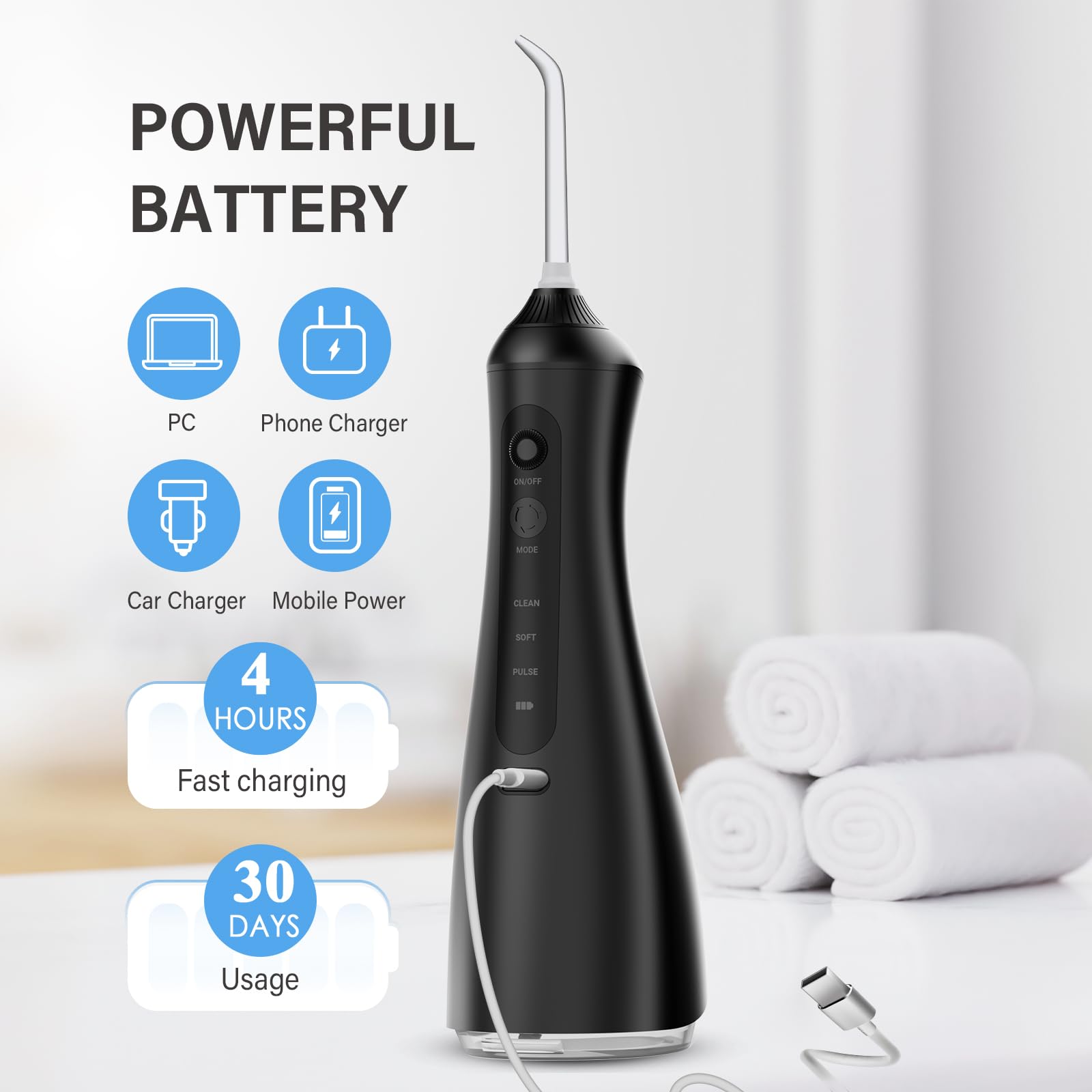 Púas de hilo dental de agua para limpieza de dientes inalámbrica, 60-160 PSI de alta presión, portátil, eléctrico, limpiador de dientes, cable USB C de 320 ml, irrigador oral recargable para viajes en