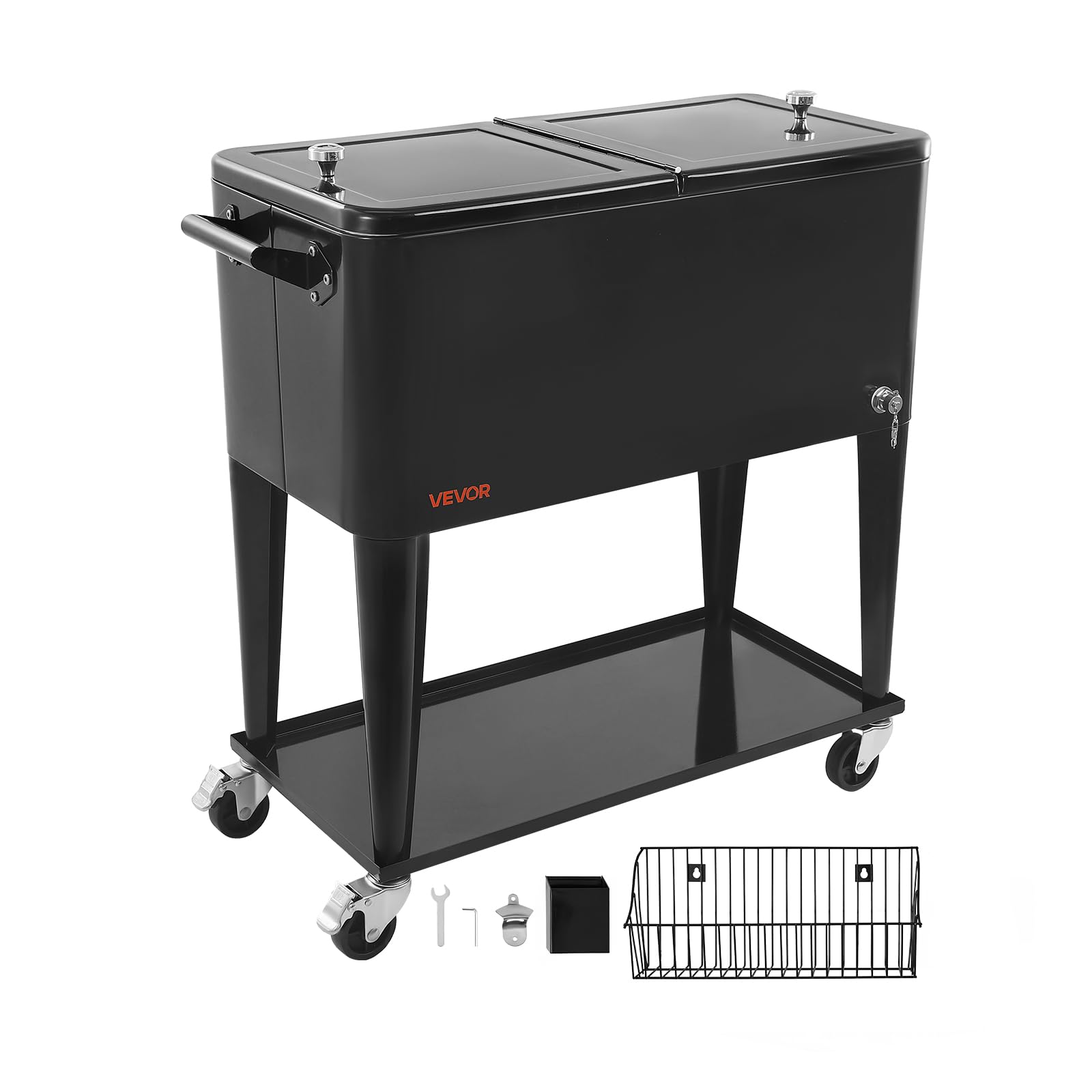 VEVOR Glacière à roulettes Isotherme Contenance de 75,71 L 50 Bouteilles/110 Canettes, Chariot Bar Extérieur avec Étagère Inférieure, Panier Latéral et Décapsuleur, pour Boissons Fraîches, Noir