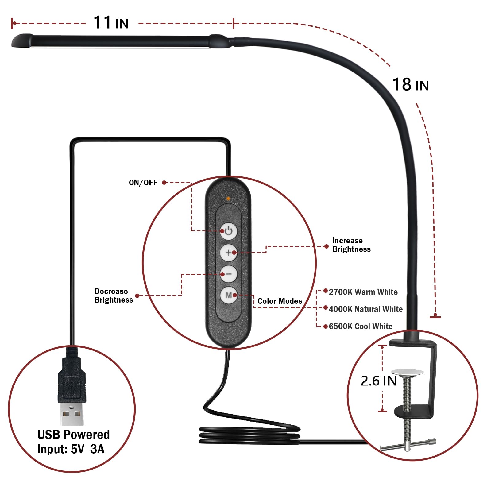 LED-Tischlampe mit Klemme, Klemmleuchte mit Einstellbarem Farbmodus, Clip auf Licht mit langem flexiblem Gooseneck, Augenpflegelampe Klemme für Arbeiten, Arbeit, Zuhause, Büro, Schwarz, 12W
