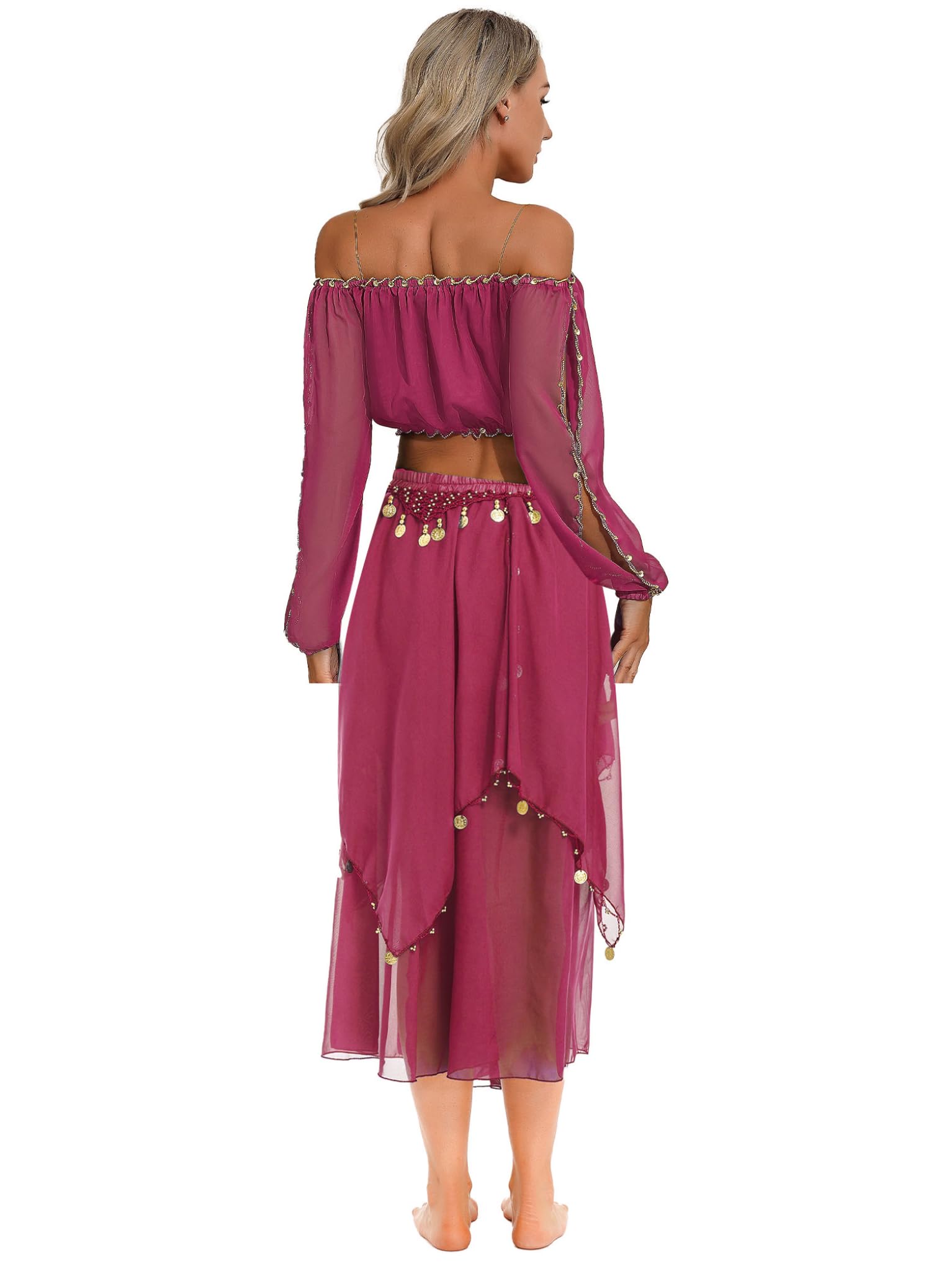 TTAO Costume Danse du Ventre Femme Robe Danse Orientale Haut de Dance Classique Manche Longue et Pantalon Déguisement Indien Princesse Costume Carnaval Halloween