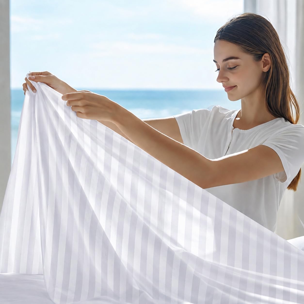 GOLD TEXTILES King XL Twill Stripe Flat Sheet 6-Pack, 120 GSM Brushed Microfiber - (116 x 120 Inches) White Top Sheets, Soft Breathable, Wrinkle & Fade Resistant Bedding for Home, Hotel & Salon