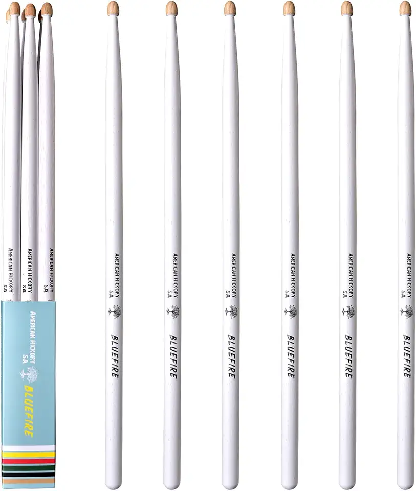 6 varas/3 pares de baquetas 5A de cor branca, baquetas clássicas de 5A, baquetas de nogueira com pontas de bolota, para bateria acústica ou eletrônica, baqueta Bluefire, peso correspondente. Peso