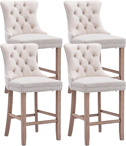 Miniatura 66 de Juego de 2 taburetes de bar de altura de mostrador, taburetes de bar con patas de madera maciza con respaldo, sillas de bar tapizadas de terciopelo