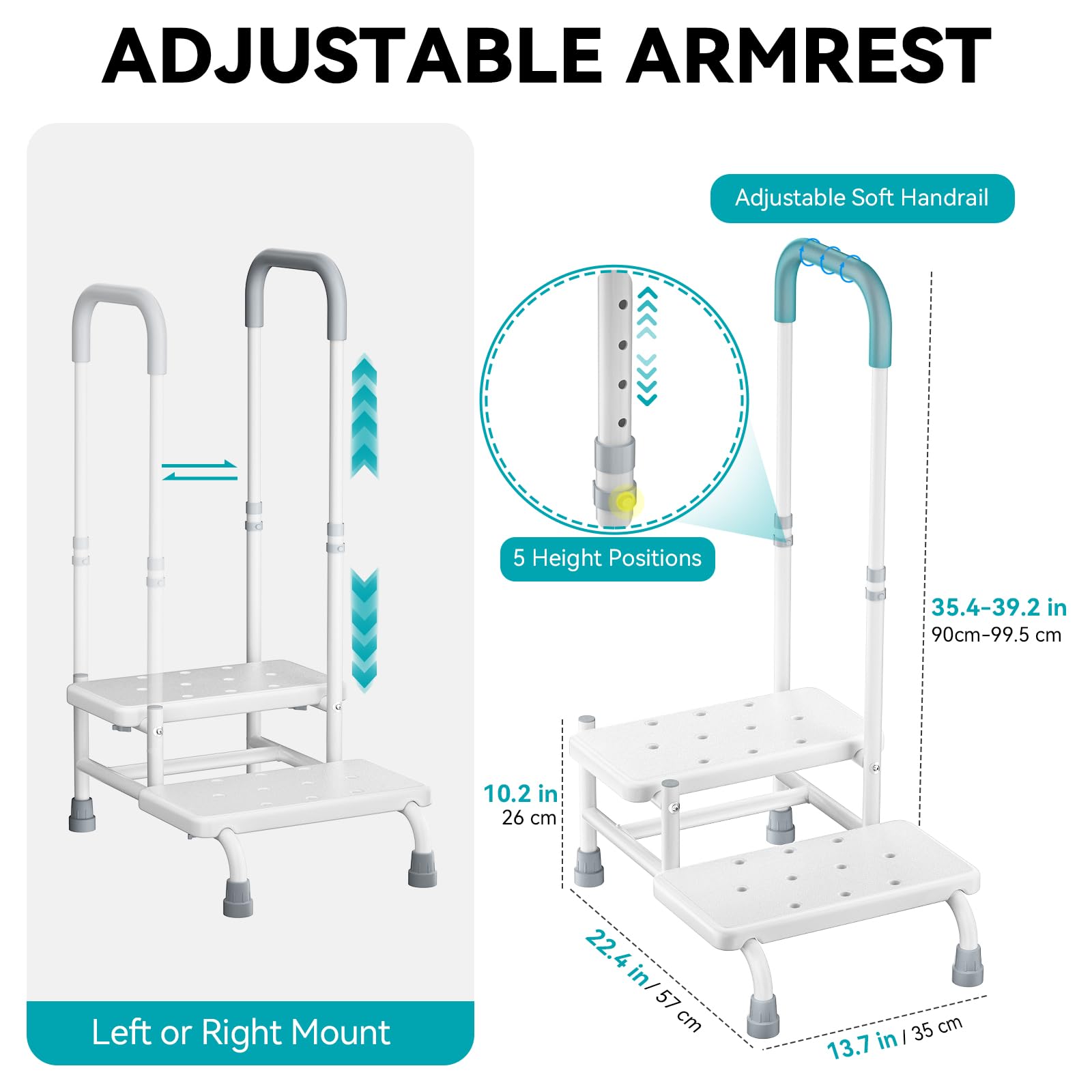 FORTEMOTUS Badewannentritt 2 Treppenstufen mit Haltegriff, rutschfest mit Drainagelöchern, Kohlenstoffstahl Tritthocker für Senioren, 200 kg Belastbarkeit für Badewanne, Bett & Auto(Weiß)