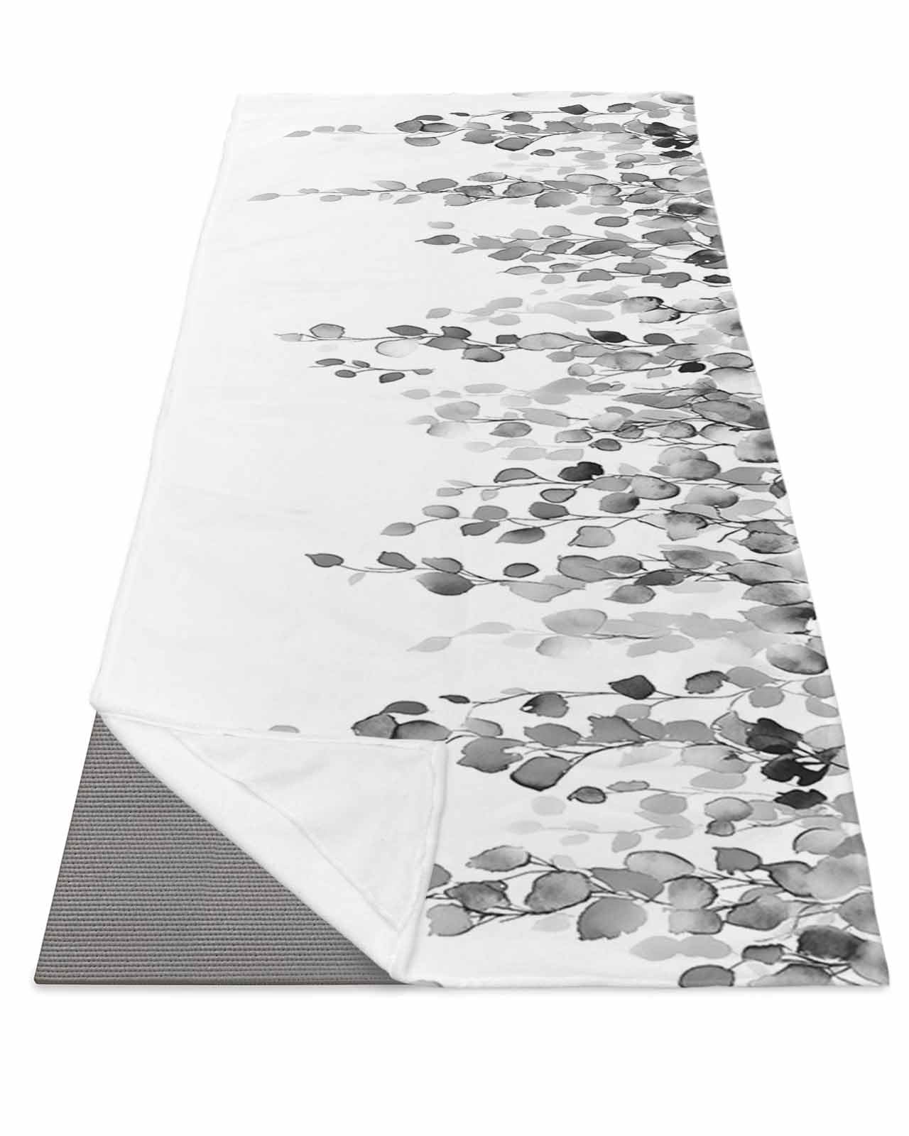 BOSIJOY Yoga Mat Towel,Spring Farm Botanical Leaves Non Slip Sweat Absorbent Hot Yoga Towels with Corner Pockets,Gray Foliage Plant on White Soft Microfiber Towel for Pilates Bikram 74