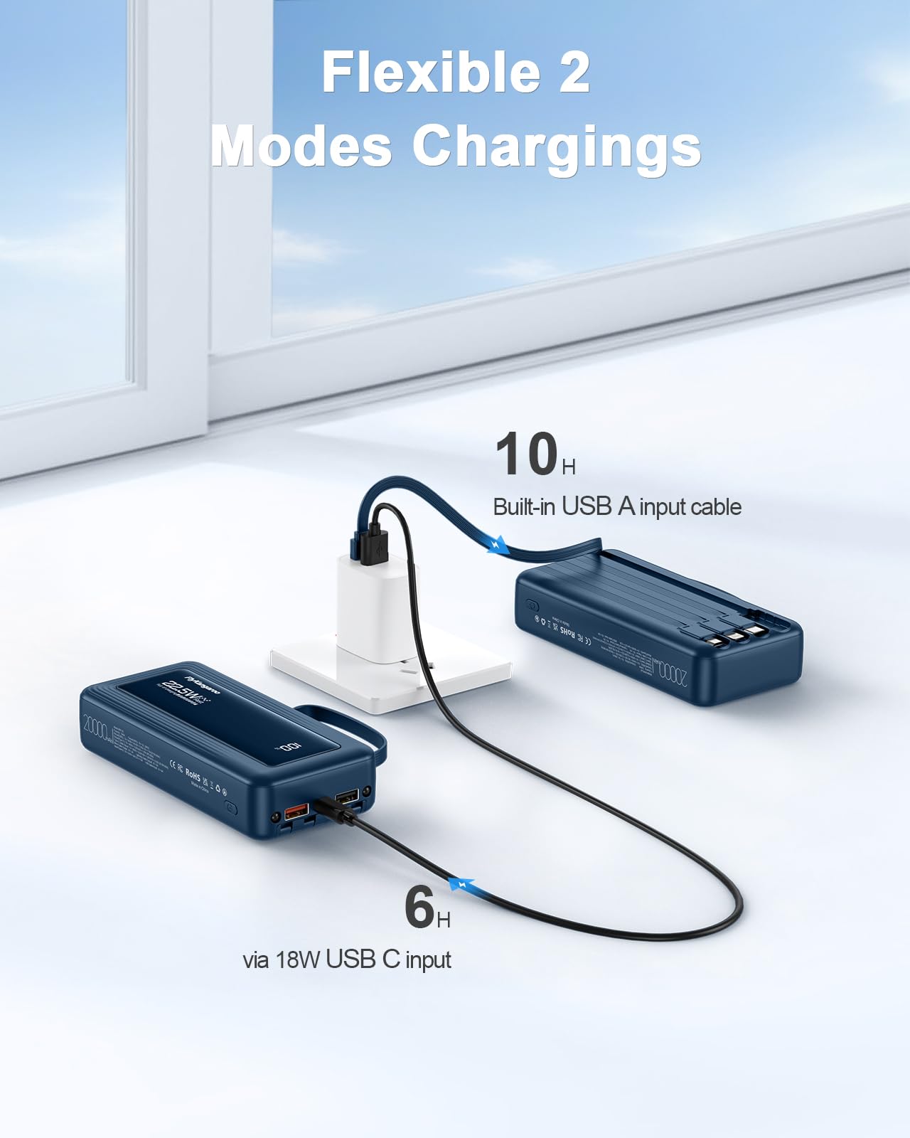 Cargador portátil con cables integrados, delgado de 20000 mAh, carga rápida, 22,5 W, batería externa USB C, pantalla LED, paquete de 6 salidas y 2 entradas para iPhone, Samsung, Pixel, LG