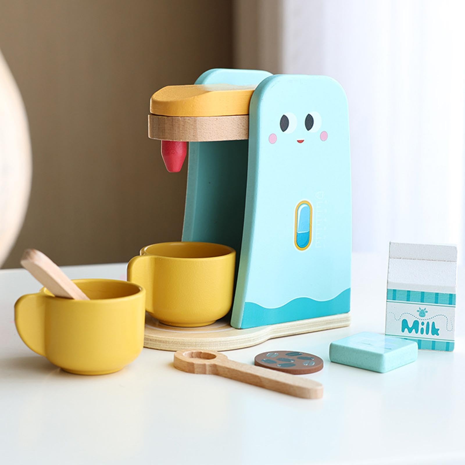 Qianly Rollenspiel Küchenspielzeug Aus Holz mit Lernfunktion für Kreatives Spielen Und Soziale Interaktion für Kindergartenkinder, Kaffeemaschine