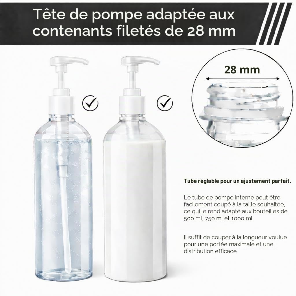 Lot de 2 distributeurs de pompe universels compatibles avec les shampooings les plus populaires, taille de 1 000 ml, 750 ml, 500 ml, blanc