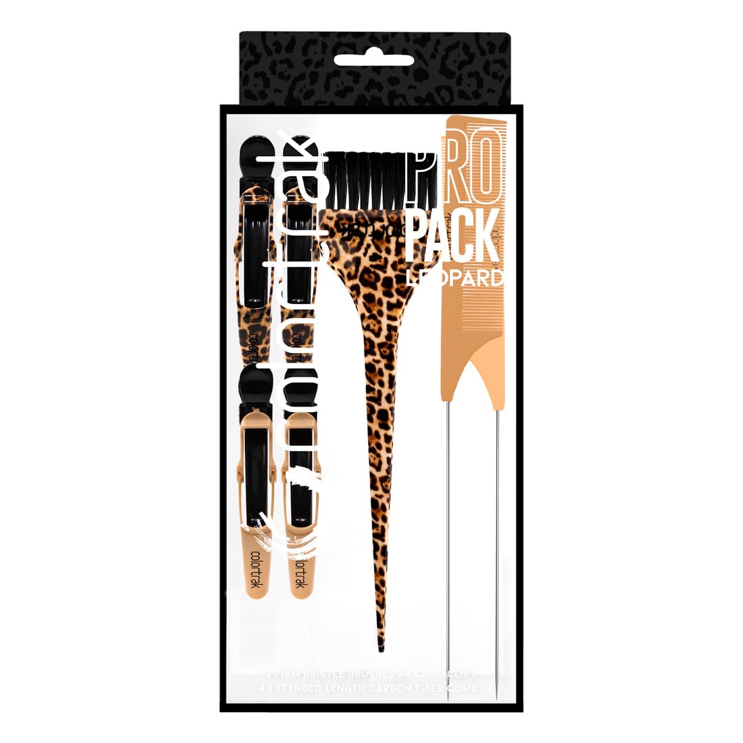 Colortrak Professional Leopard Print Hair Coloring Kit (12 Pieces), Color Like a Pro with 4 Extended Length Carbon Fiber Combs, 4 Feather Bristle Brushes, 4 Rubberized Croc Clips