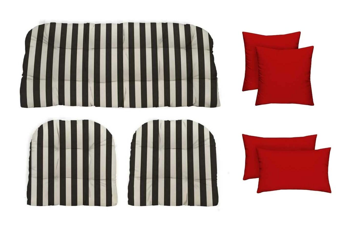 RSH Décor Indoor Outdoor 7 Piece Tufted Wicker Cushion Set + Pillows, (Standard, Black & White Stripe + Red)