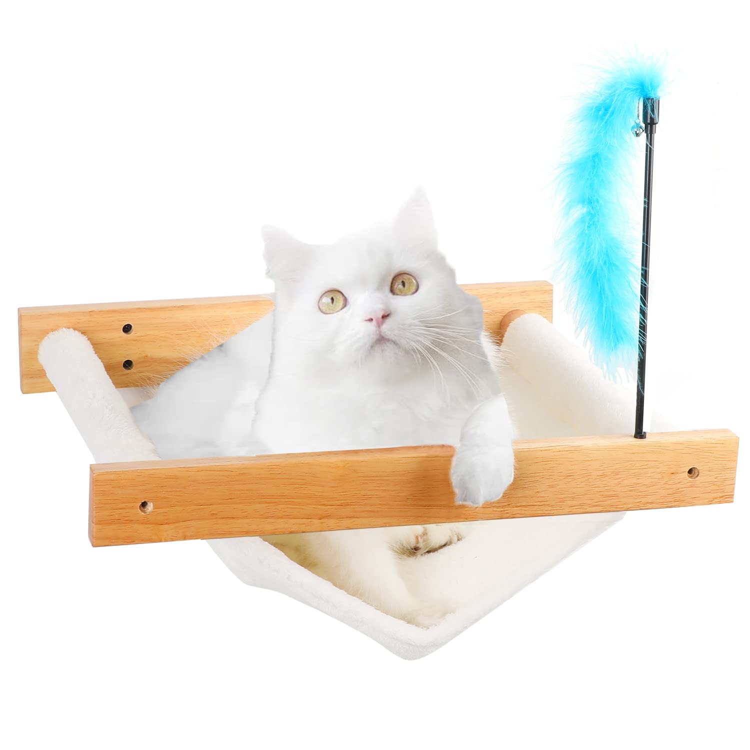 Satauko Hamaca para Gato con Juguetes con Plumas, Camas para Gatos de Pared de Madera para Gatos Grandes, Muebles para Mascotas para Dormir, Jugar, Escalar y Descansar.