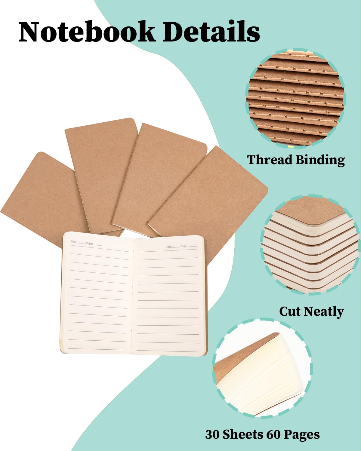 Dynta Kleines Notizbuch, Großpackung, 45 Stück, 6,3 x 10,2 cm, Mini-Tagebücher, Großpackung, Fadenheftung, kleiner Notizblock, tragbarer Notizblock für Geschenk, Tagebuch, Reisen (30 Blatt/60 Seiten)