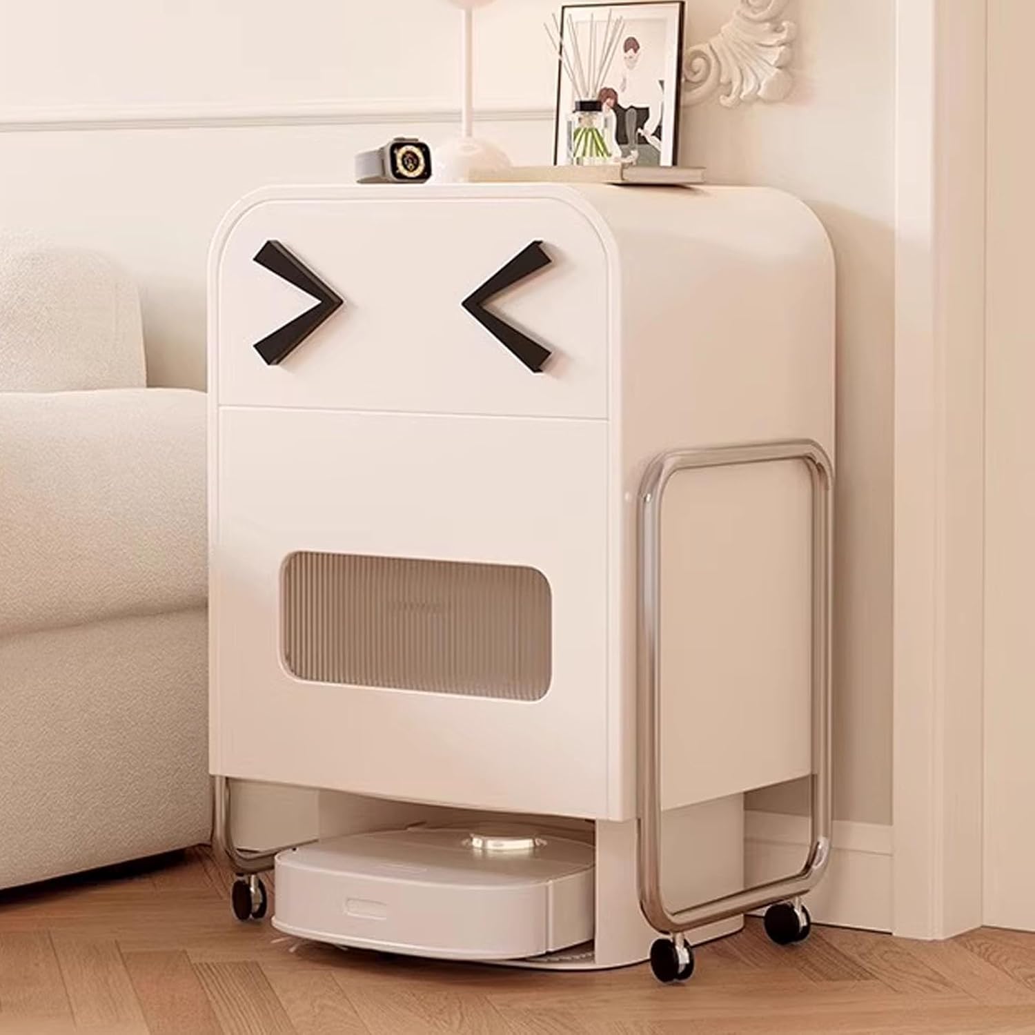 JKGHK Sweeping Robot Storage Stand Rack, Robot Stand Cabinet with Doors and Drawers, Vacuum Hidden Cabinet for Sweeping with Moving Wheels, Vacuum Storage Cabinets(White)