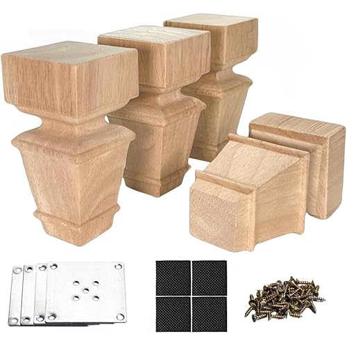 5 Inch Wooden Furniture Legs with Mounting Plates Screws Set of 4 Solid Wood Unfinished European Style Replacement Furniture Feet for Couch Cabinet Sofa Ottoman TV Stand Home DIY Projects (5 inch)