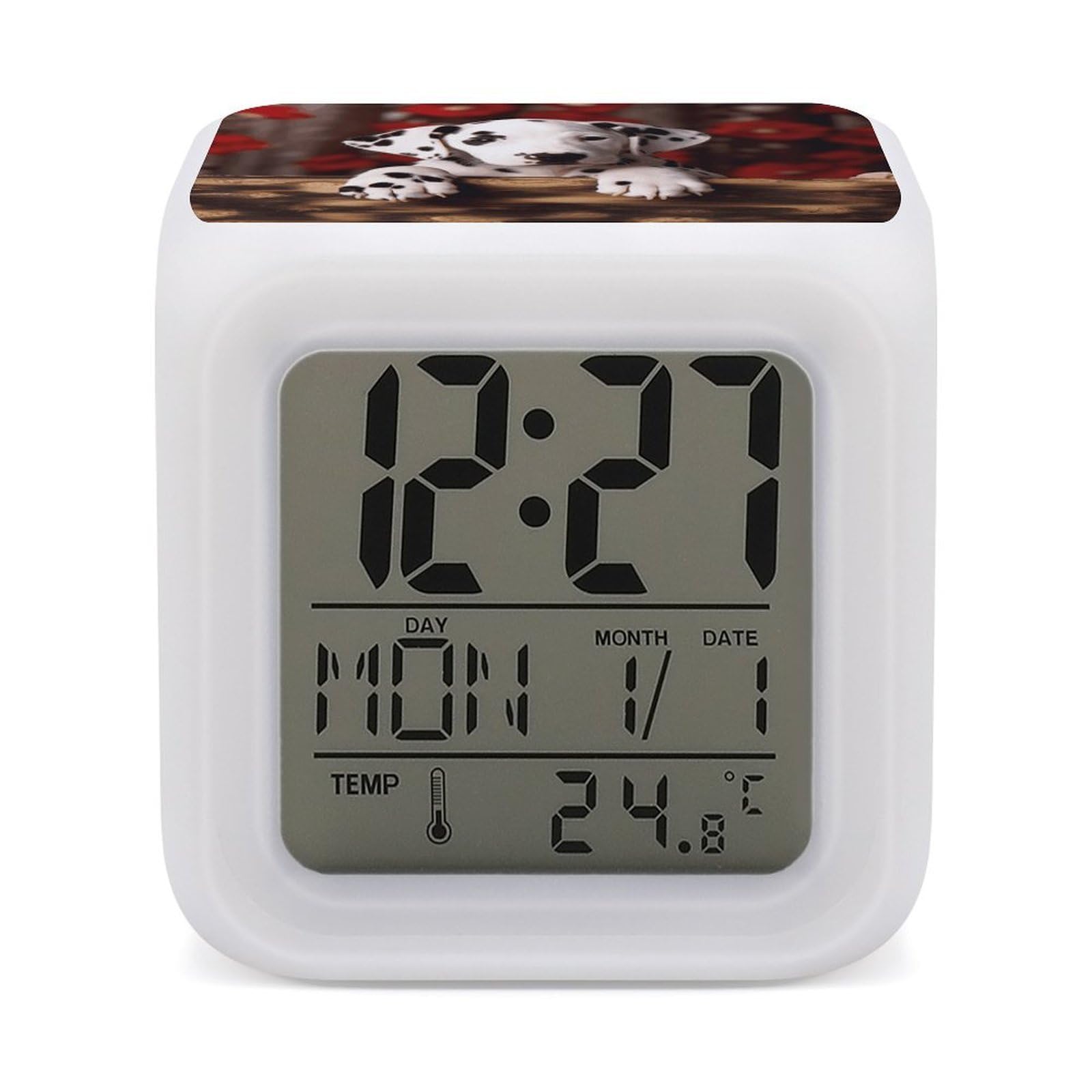 JTREHY Dalmatian Puppy Alarm Clock Digital Dimmable Clock for Bedroom LED Display Screen Mini Clocks 7 Color Dimmable Night Lights Time-to-Rise Alarm Clocks for Office Living Room