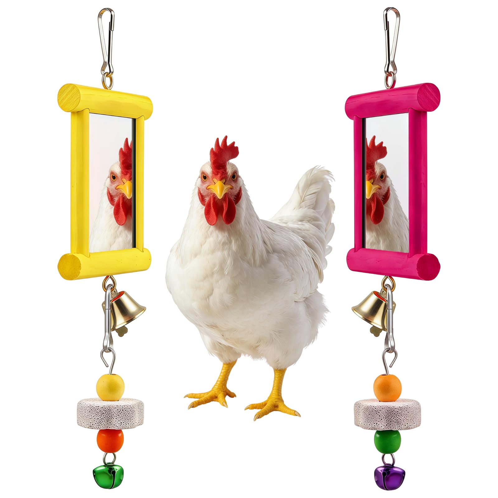NAUZE 2Pieces Hanging Bell Chicken Swing Mirror Wooden Pecking Toy and Beak Grinding Molar Stones Colored Toy Entertainment Accessories for Coop Birds Parrots Hens