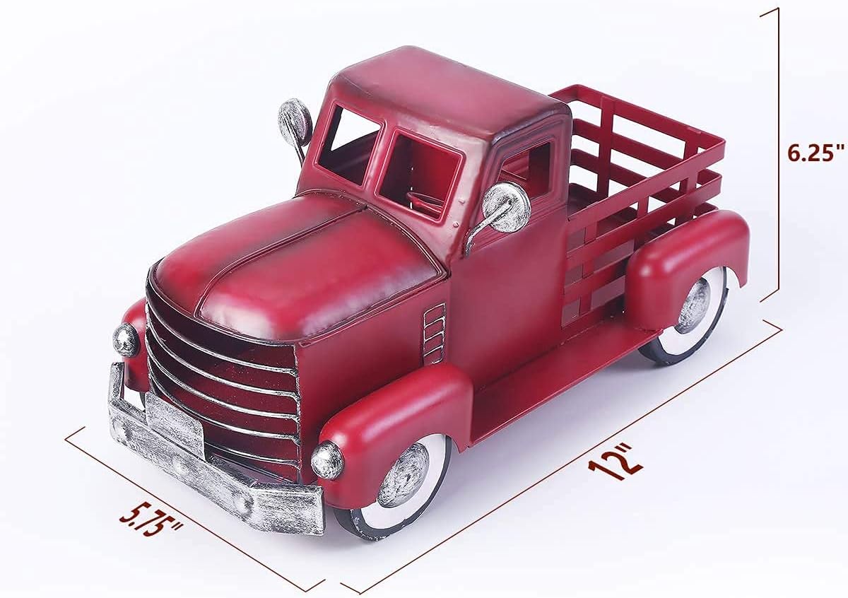 Metal Truck Decor,Farmhouse Truck Decor,Decorative Tabletop Storage & Pick-up Metal Truck Planter, 12.5" x 5.75" x 6.25" inches (Red) image 2