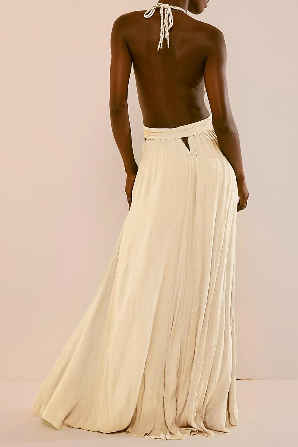 R.Vivimos Boho Maxi Dresses for Women 2026 Summer Sleeveless Halter Elastic Waist Sexy Backless Front Slit Flowy Long Dresses - Image 3