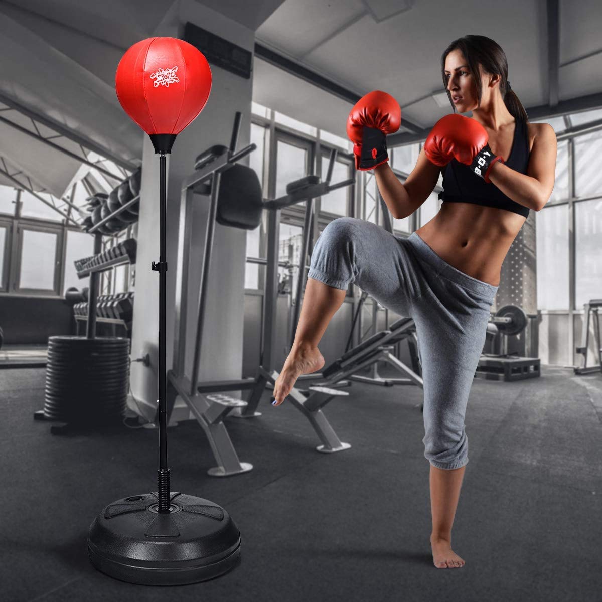 RELAX4LIFE Punchingball, aufblasbarer Boxball mit Boxhandschuhen & Luftpumpe, höhenverstellbarer Standboxball: 120-154 cm, Boxsack Set für Kinder & Jugendliche & Erwachsene, Box Set freistehend, rot