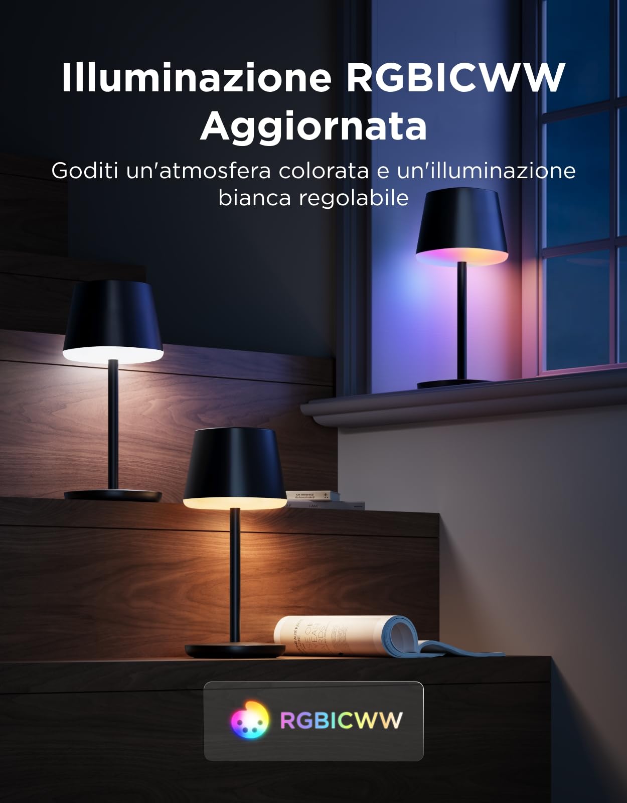 Govee Lampada da Tavolo senza Fili, RGBICWW Lampada da Comodino LED Compatibile con Mattel Alexa, Dimmerabile 500lm e Ricaricabile 4800mAh, 72 Scene, 2700-6500K per Soggiorno Camera da Letto Scrivania
