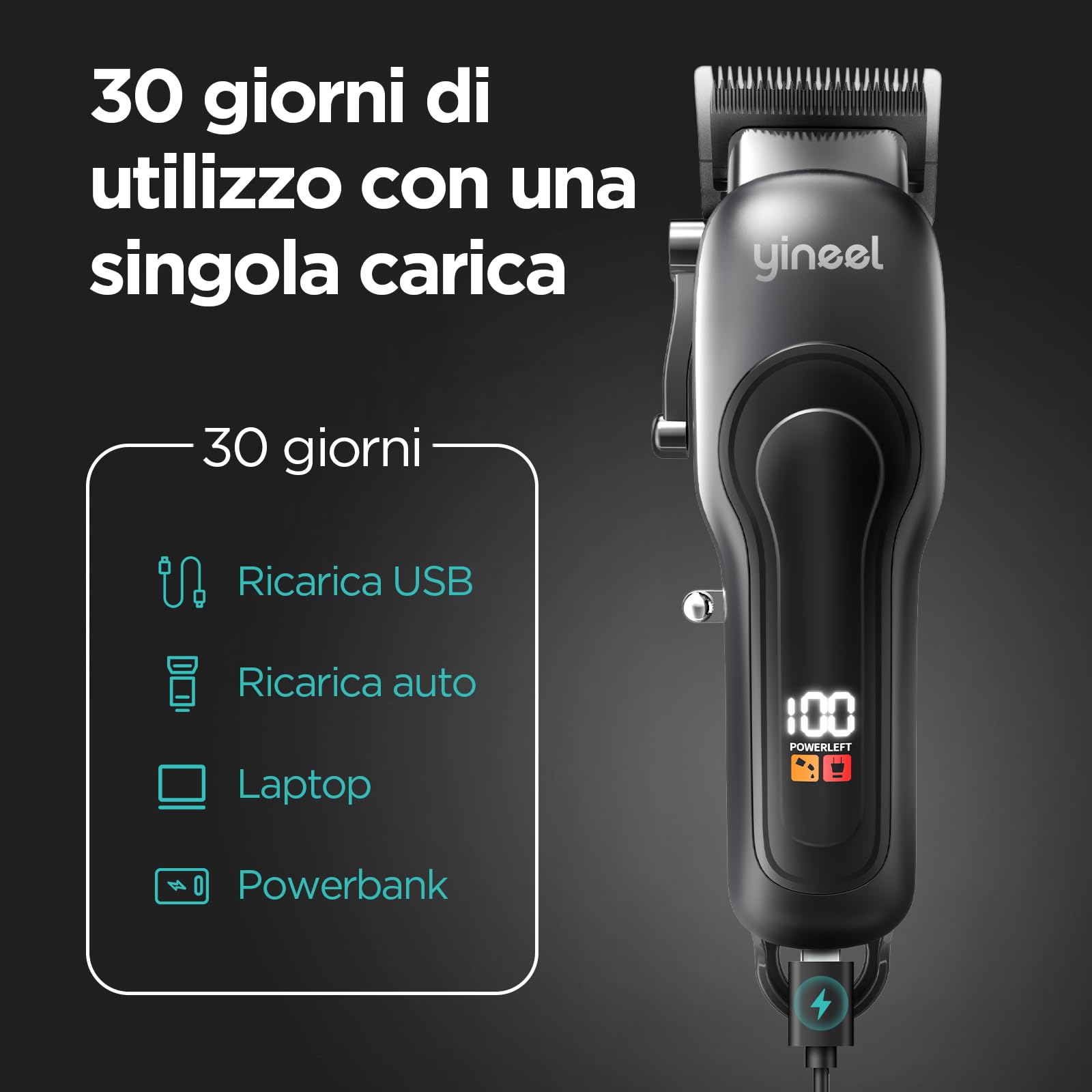 Yineel Tagliacapelli Professionale Uomo, Macchinetta per capelli e Barba Senza Fili con Display LED, Tagliacapelli elettrico con Lama in Ceramica, 300 Min Autonomia, Ricarica USB-C