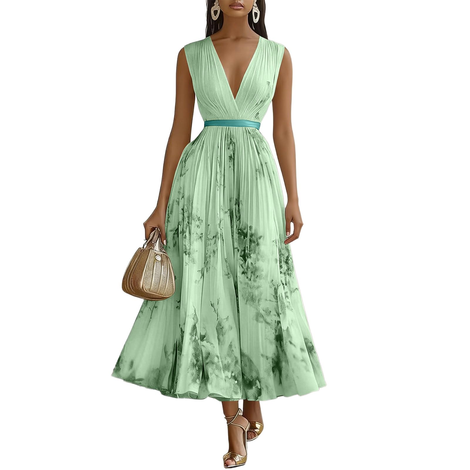 Robe Maxi Femme Imprimé Floral pour Mariage Invitée - Robe de Soirée Longue Col en V Taille Empire - Robes de Plage Bohème sans Manches Chic et Elegant Été