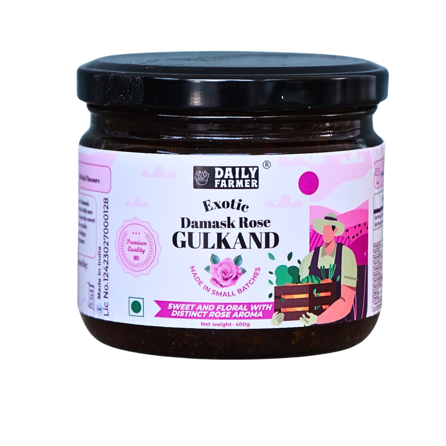 Daily Farmer Exotic Damask Rose Gulkand with Honey (Rose Petal Jam), 400g [100% Natural | Sun Cooked | Nature's Coolant | Made in small batches | No Preservatives]