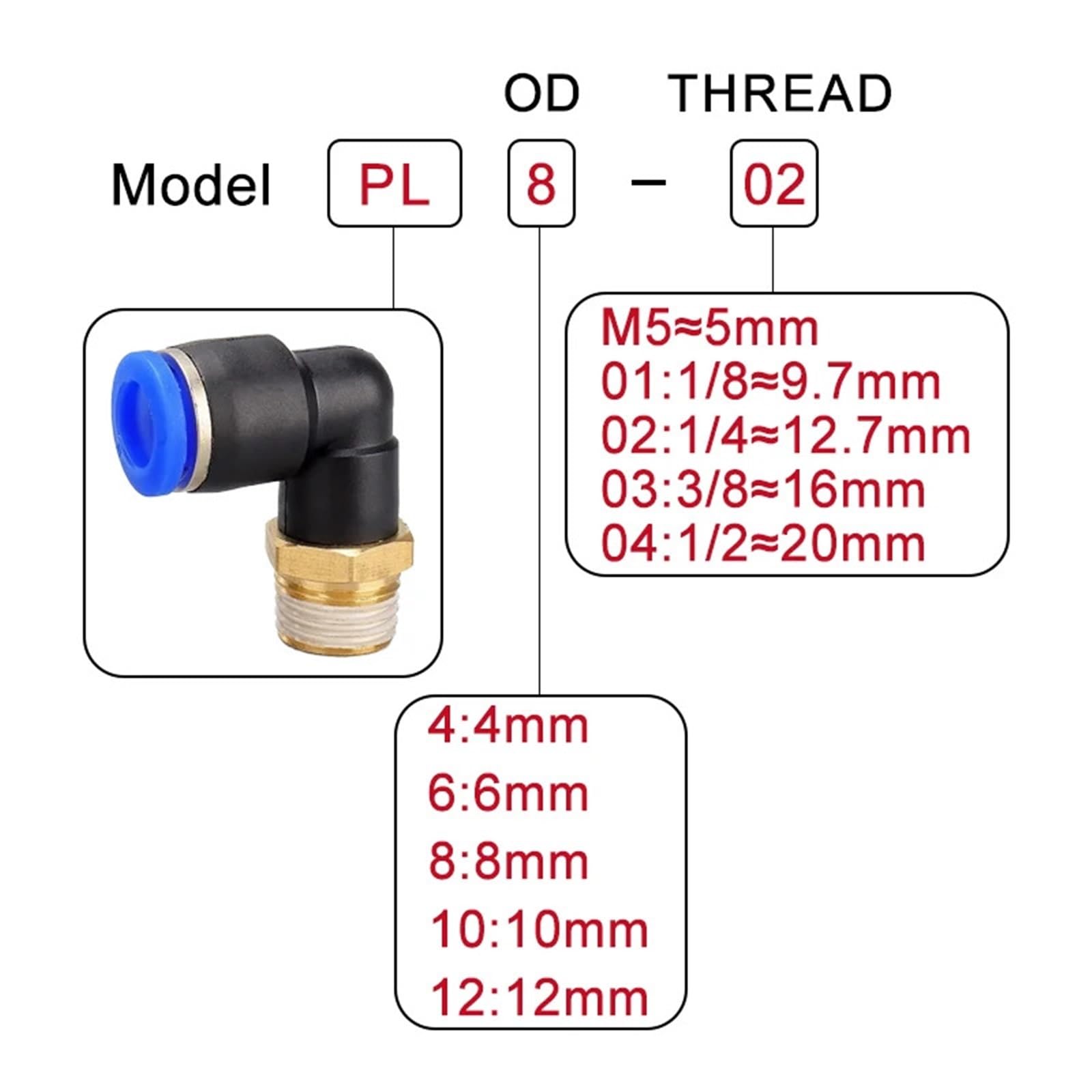 5Pcs Elbow Pneumatic Air Connector 1/8 "1/4" 3/8 "1/2" Male Thread Pneumatic Air Hose Fitting 4/6/8/10/12mm(PL8-03)