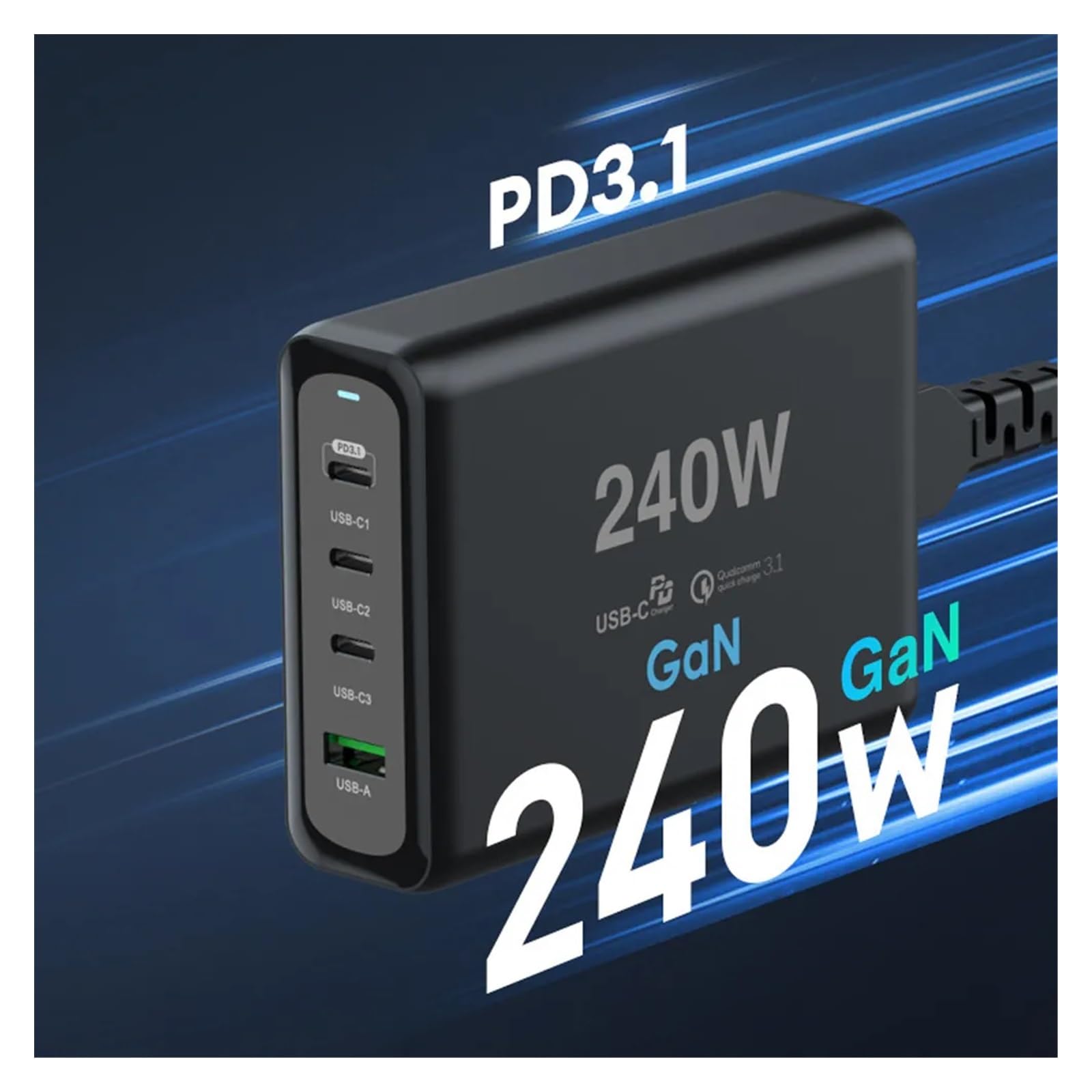 Caricatore USB C, Caricatore da muro USB C da 240 W Adattatore da viaggio for laptop con stazione di ricarica rapida PD a 4 porte 100 W 200 W PPS65W GaN2, Veloce, Efficiente e Versatile